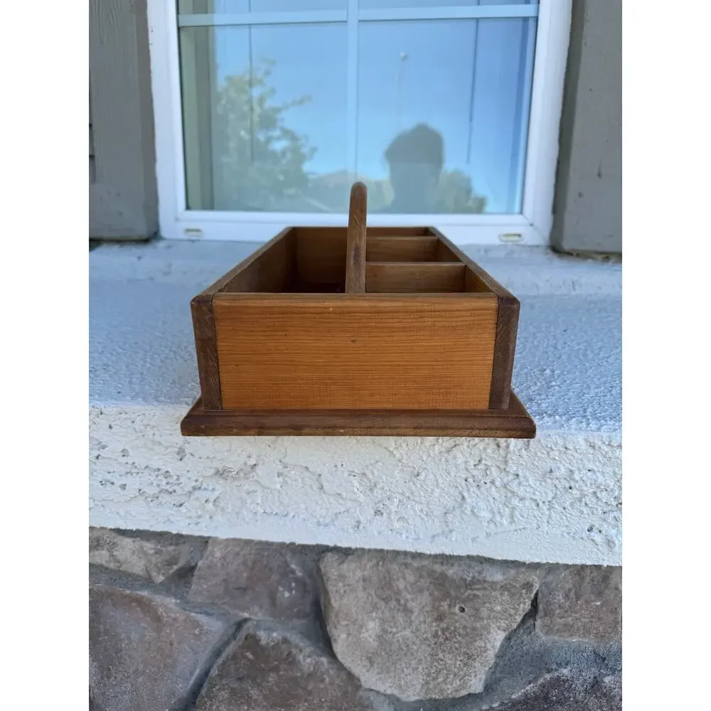 vintage country primitive wooden storage caddy with heart cutout handle 80s 90s